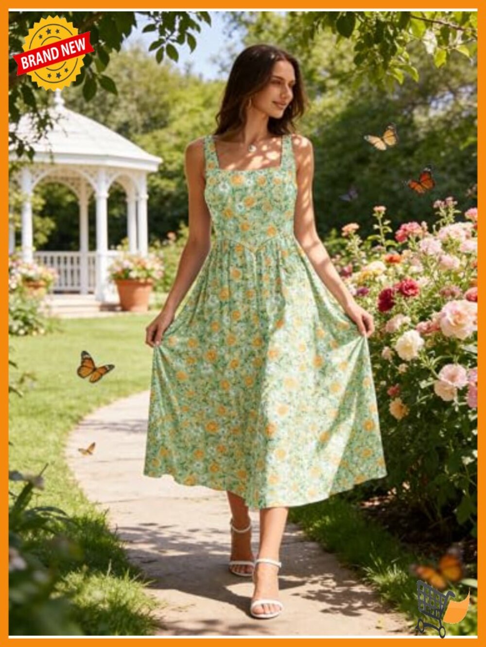 Women's Midi Dress Square Neck Sleeveless A-Line Casual Sundress with Pockets - Picture 3 of 6